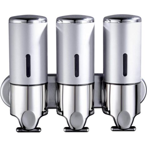 Dispenser di gel igienizzante mani a tre canali, da parete, non richiede foratura, include tre dispenser da 500 ml per shampoo, bagnoschiuma e balsamo, adatto a bagni e hotel, pompa metallica a T, des