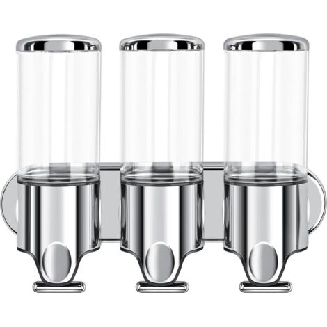 Dispenser di gel igienizzante mani a tre canali, da parete, senza necessità di foratura, include tre dispenser da 500 ml per shampoo, bagnoschiuma e balsamo, adatto a bagni e hotel, pompa metallica a
