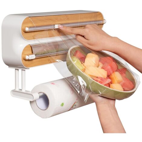 Dispenser di pellicola trasparente 3 in 1, taglierino, dispenser magnetico di foglio di alluminio e pellicola trasparente, portarotolo magnetico da cucina, portarotolo da parete per cucina (bambù)