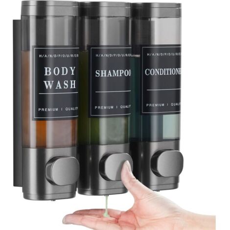 Dispenser di sapone 3 in 1 da parete, dispenser di gel doccia, non richiede foratura, adatto per shampoo, balsamo, cucina, hotel (grigio)