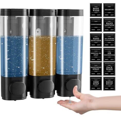 Dispenser di sapone a parete con 3 scomparti, 300 ml, non richiede foratura, dispenser per gel doccia e shampoo, nero.