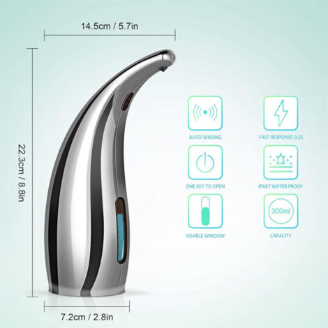 Dispenser di sapone automatico a induzione, 300 ml, impermeabile IPX6, adatto per cucine, bagni, hotel, ristoranti e luoghi pubblici.