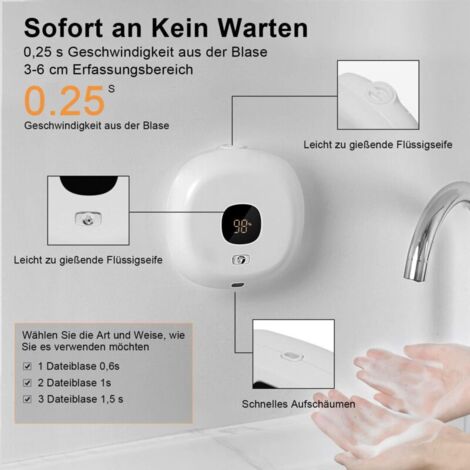 Dispenser di sapone automatico (bianco), dispenser termostatico a parete senza contatto da 300 ml, ricaricabile tramite USB, per bagno, cucina, ufficio e altro ancora.