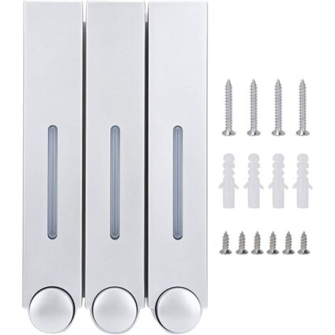Dispenser di sapone liquido da 420 ml con 3 erogatori, montaggio a parete, dimensioni 28x15,3x9 cm, ideale per shampoo e bagnoschiuma.