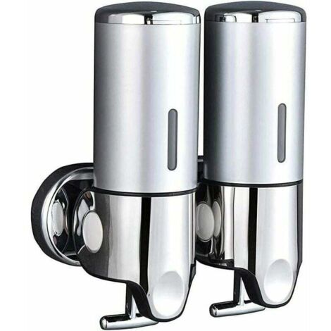 Dispenser doppio da parete per shampoo, balsamo, bagnoschiuma, lozione e sapone, per bagno o cucina, colore argento.