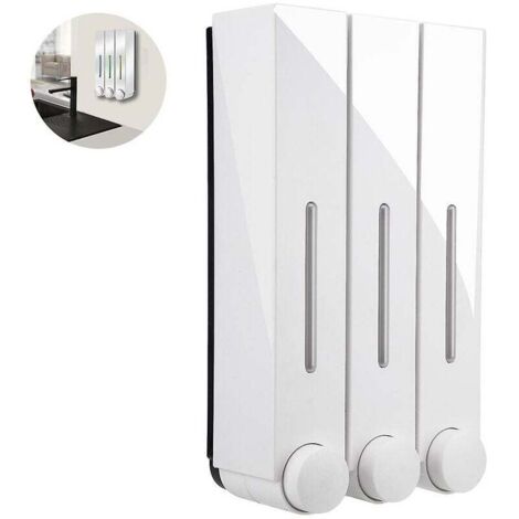 Dispenser e organizer per doccia a 3 teste da parete per bagno - Contiene shampoo, sapone, balsamo, bagnoschiuma, lozione - Camere trasparenti, Push-bu (bianco)