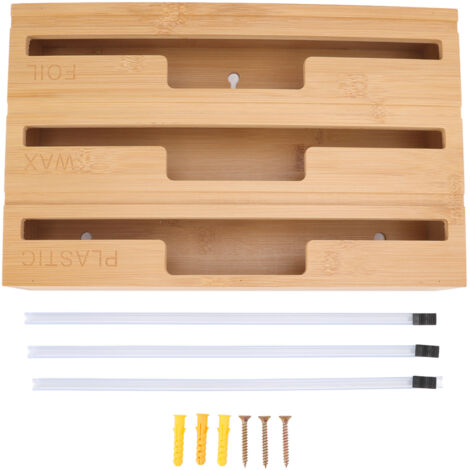 Dispenser en bambou 3-en-1 pour film plastique, papier aluminium et papier ciré - Organisateur de tiroir de cuisine