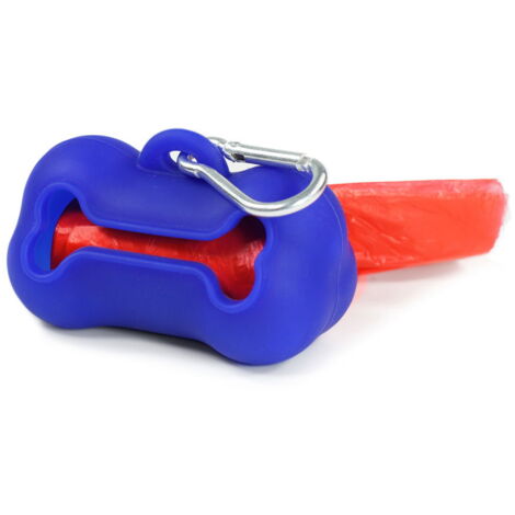 Dispenser in silicone a forma di osso blu con rotolo per cani