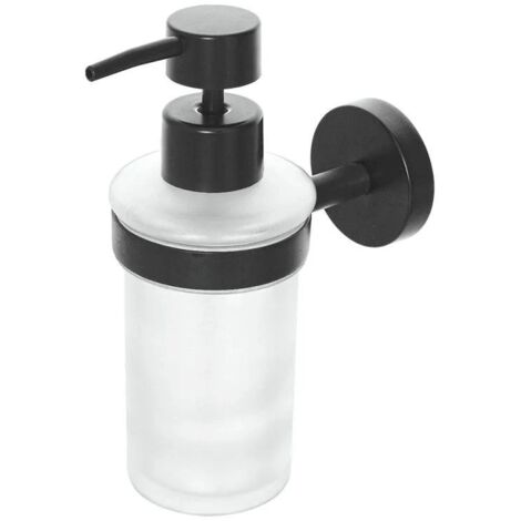 Dispenser Sapone Liquido Da Bagno Tondo Accessorio Da Parete In Acciaio Nero Opaco E Vetro Satinato Serie Chic Black