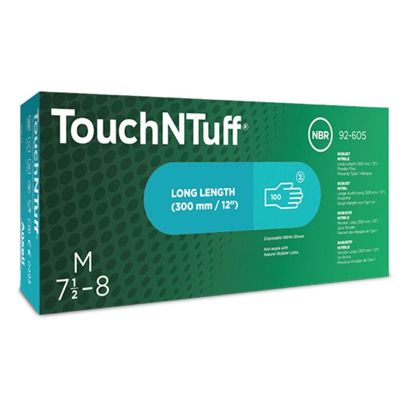 TouchNTuff 92-605 Disposable Nitrile Gloves, Extended Cuff, Size 9.5-10 - Ansell