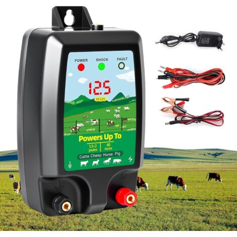 Dispositif de clôture électrique 12 V avec affichage LED, portée 15 km, 2 Joules, kV, pour la protection des animaux ferme, volaille, pâturages et jardins (B) b -