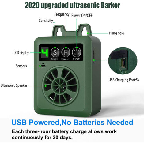 Dispositif Ultrasonique Anti-Aboiements avec Contrôle Intelligent, Niveau de Sensibilité 4, USB Rechargeable, IP45, ABS Vert