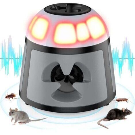 Dispositivo antiroedores ultrasónico, 360° con luz LED, para interiores, control de plagas eficaz