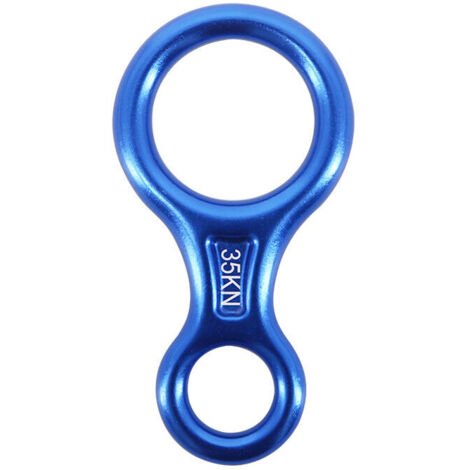 Dispositivo de rappel de escalada de 35 kN con ocho descensores (azules) para cuerdas de 8 a 13 mm de diámetro.