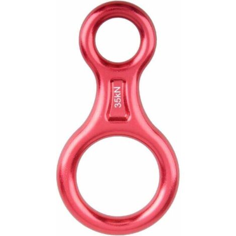 Dispositivo de rappel de escalada de 35 kN con ocho descensores (rojos) para cuerdas de 8 a 13 mm de diámetro.