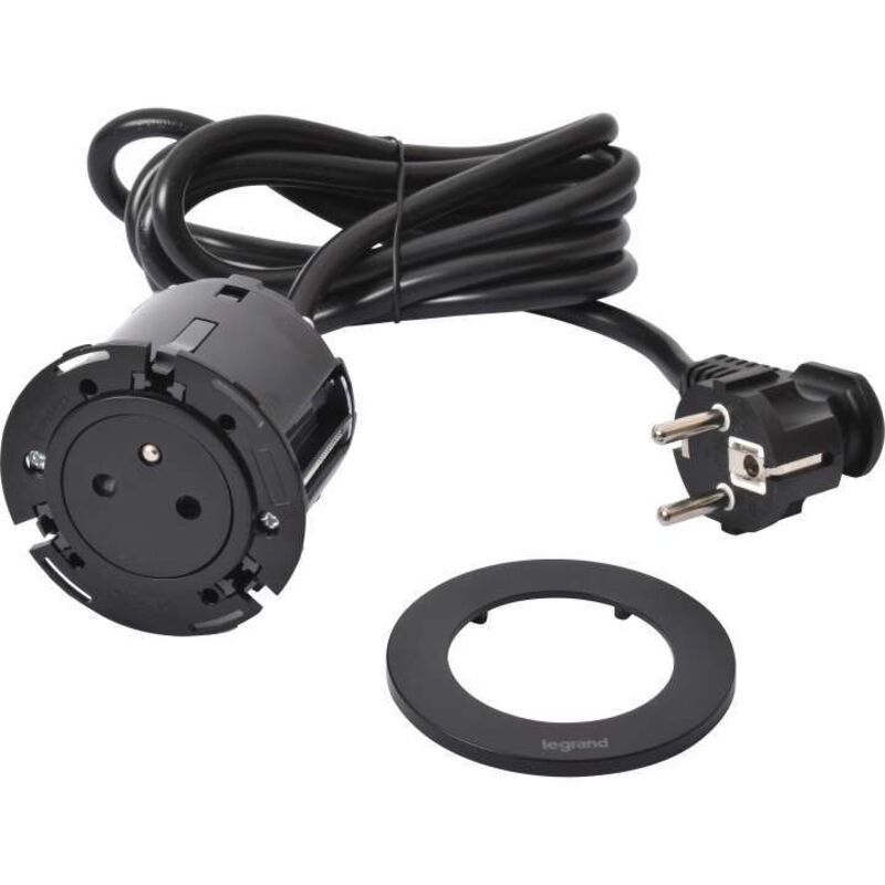 Prise encastrée incara™ Disq 60 noir 1 pc 2P+T cordon 2m Legrand câble management