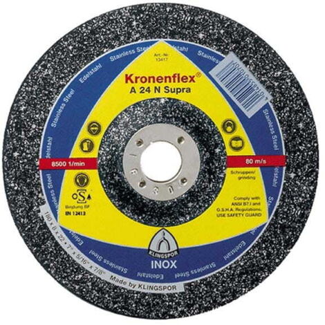 Disque à ébarber A 24 N Supra pour l'usinage de l'acier inoxydable, Ø x Épais. : 125 x 6,0 mm, Modèle Coudé, Vitesse maxi. 12200 tr/mn