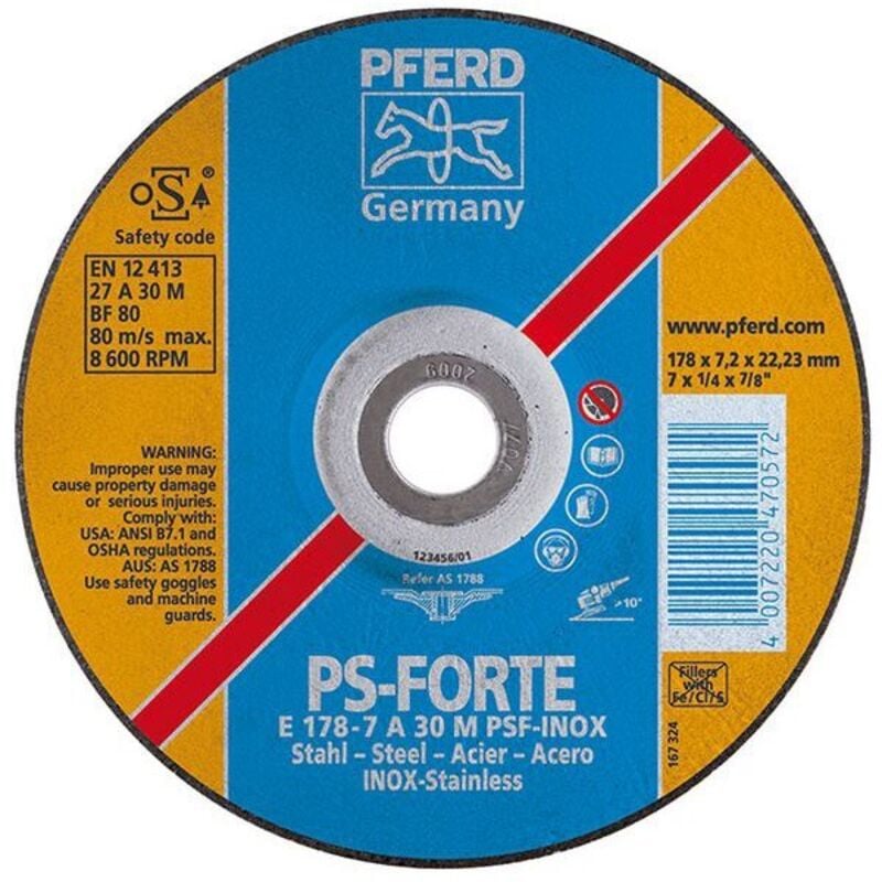 Disque à ébarber PS-FORTE-INOX pour l'usinage de l'acier inoxydable, Ø x Épais. : 230 x 8,3 mm, Modèle Coudé, Vitesse maxi. 6600 tr/mn