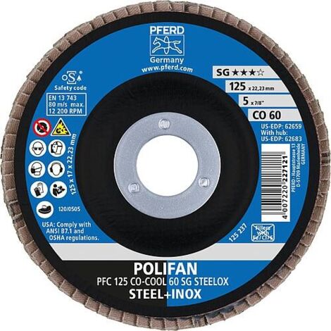 Disque à lamelles POLIFAN CO-COOL SG STEELOX D. 125 mm granulation 60 conique INOX grain céramique CO PFERD (Par 10)