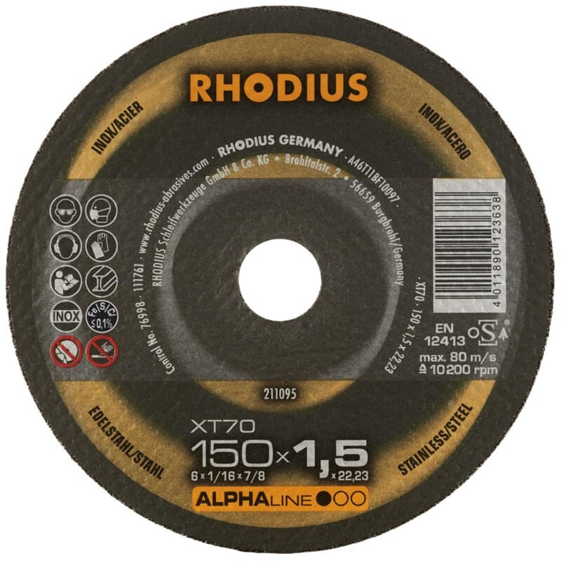 Disque à tronçonner XT70 - gamme alpha inox - 150 - 1,5 - 22,23 - 41-PLAT Rhodius
