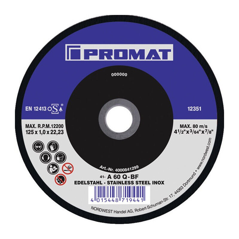 Promat - Disque à tronçonner Action D125x1 mm droit inox perçage 22,23 mm (Par 500)