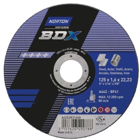 Disque à tronçonner BDX acier/inox ultra-mince Norton - 125 - 1,6 - 22,23 - 41-plat