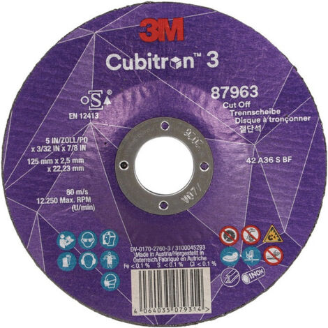 Disque à tronçonner Cubitron™ 3 D125x2,5mm courbé 3M™ Cubitron™ 3 alésage 22,23mm 3M (Par 25)