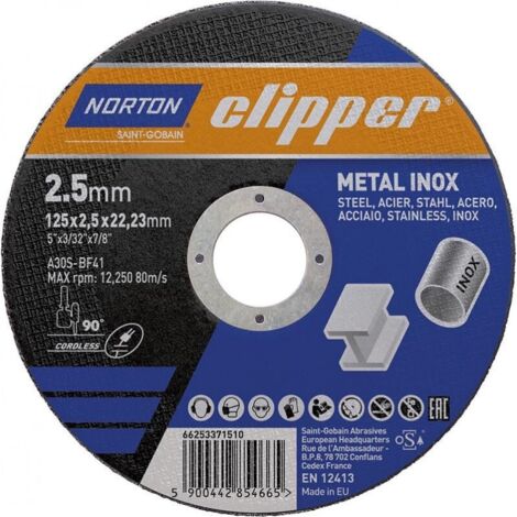 Disque à tronçonner D125x2,5mm Type 41 Métal-Inox Perçage.22,23mm NORTON CLIPPER