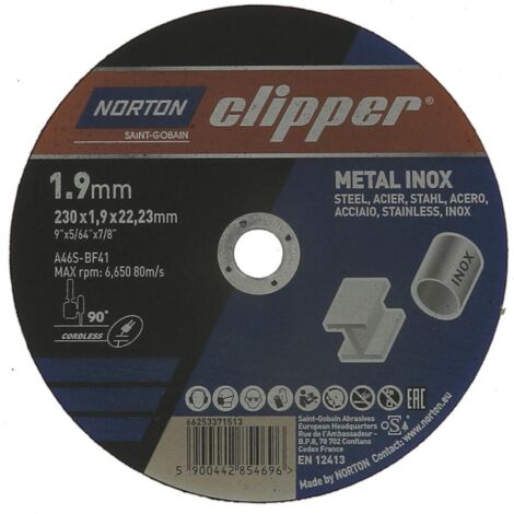 Disque à tronçonner D230x1,9mm Type 41 Métal-Inox Perçage.22,23mm NORTON CLIPPER