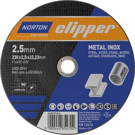 Disque à tronçonner D230x2,5mm Type 41 métal-inox perçage.22,23mm NORTON CLIPPER
