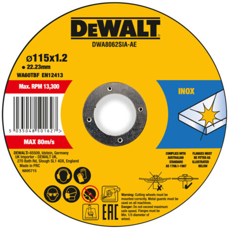 Disque à tronçonner DEWALT haute performance 115x1,2x22,23mm Inox type 41 (plat) DWA8062SIA-AE
