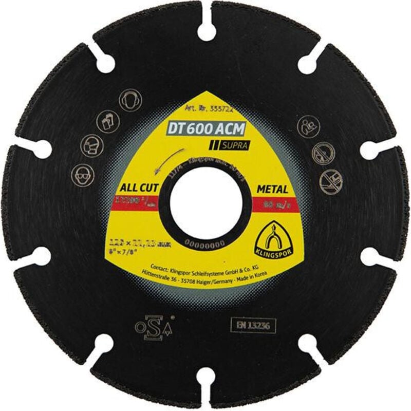 Disque à tronçonner diamanté dt 600 acm Supra 125x1.3X22.23mm Klingspor