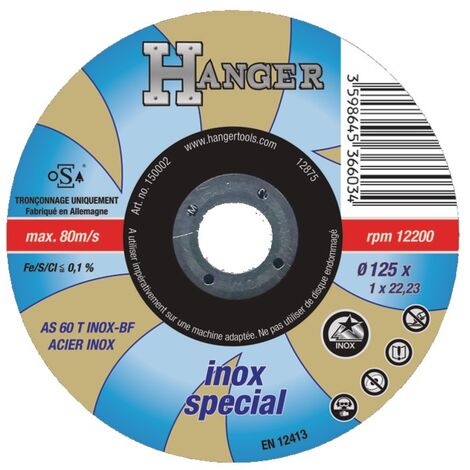 DISQUE À TRONÇONNER DROIT POUR INOX 125 X 1 MM AS 60 T - HANGER - 150002