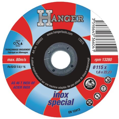 Disque à tronçonner inox 125 x 1,6 x 22,2mm AS46 - HANGER - 150004