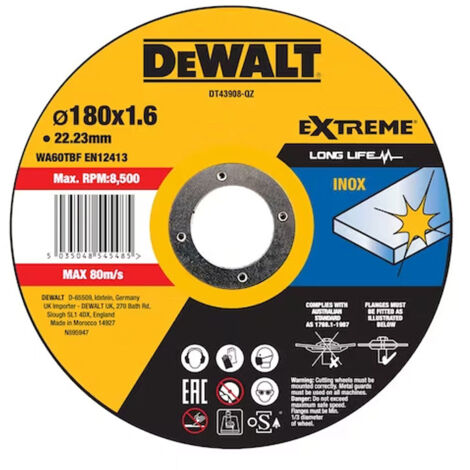 Disque à tronçonner l’inox Ø180x22,2mm DEWALT épaisseur 1.6 mm, moyeu plat