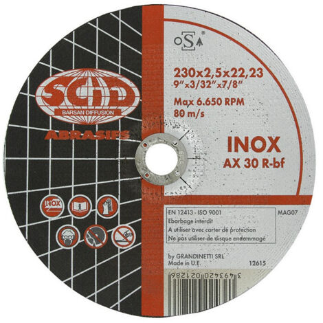 Disque à tronçonner l'inox moyeu déporté  ø x ep (mm) 230 x 2,5