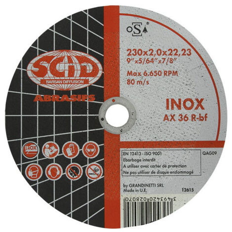 Disque à tronçonner l'inox moyeu plat  ø x ep (mm) 230 x 2