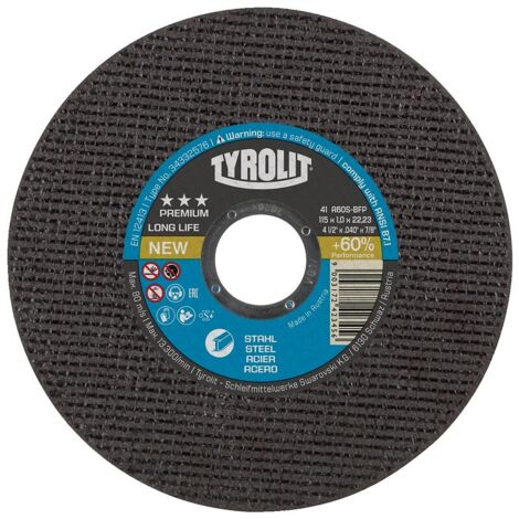 Disque à tronçonner Premium Longlife moyeu plat coupe acier diamètre 115 mm épaisseur 1 mm alésage 22,2 mm - TYROLIT