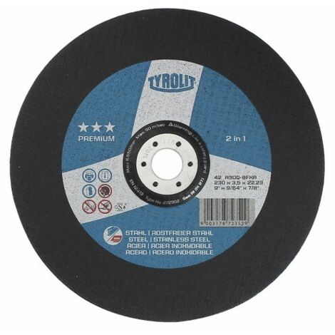 Disque à tronçonner Premium moyeu déporté coupe acier-inox Ø 230 épaisseur 3 mm alésage 22.2 mm - TYROLIT SA