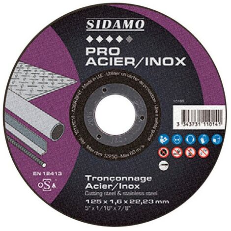 Disque à tronçonner PRO ACIER INOX D. 115 x 1,6 x Al. 22,23 mm - Acier, Inox - 10111013 - Sidamo