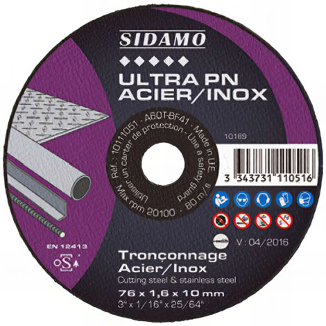 Disque à tronçonner ULTRA PN ACIER INOX D. 76 x 1 x Al. 10 mm - Acier, Inox - 10111050 - Sidamo