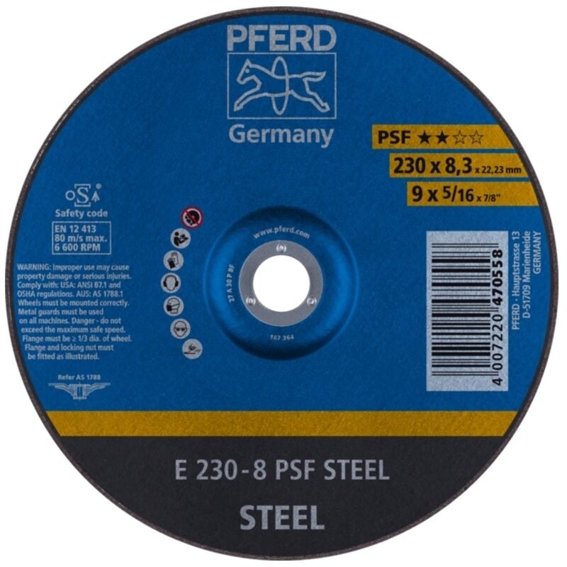 Disque à ébarber ps-forte pour l'usinage de l'acier et de la fonte, ø x Épais. : 230 x 8,3 mm, Modèle Coudé, Vitesse maxi. 6600 tr/mn