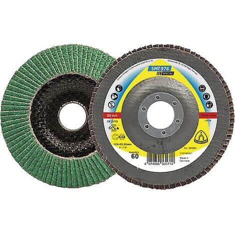 Disque de découpe à lamelles KLINGSPOR SMT 976 SPECIAL CEVOLUTION 125 x 22,23 mm, grain 60, Contre-coudé