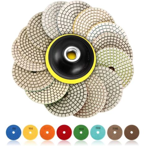 Disque de Polissage Diamant, 15 Pcs 4 pouces (100mm Diamant Polissage Pads,Tampons de Polissage Béton, Granit Marbre Polissage avec Pads, 50#-6000# pour Machine à polir Machine de polissage(Couleur aléatoire)