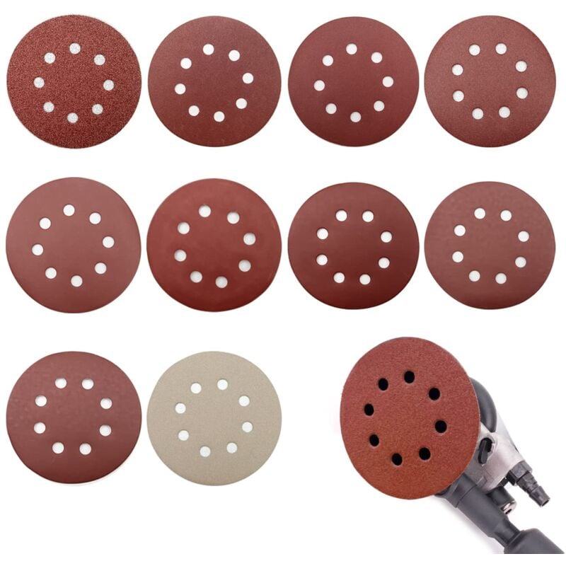 Disque de Ponçage 100pcs, Disques Abrasifs 125 mm, Grain 80/180/240/400/800/1000/1200/1500/2000/3000, pour ponceuses orbitales aléatoires, Idéal pour