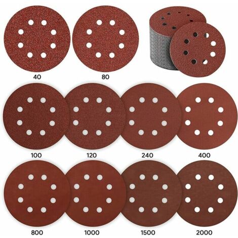 Disque de Ponçage, 80 Pièces Disque a Poncer 125mm Papier Ponceuse Disque Abrasif pour Ponceuse Excentrique 10 P40 / P80 / P100 / P120 / P240 / P400, 5 P800 / P1000 / P1500 / P2000 8 Trous