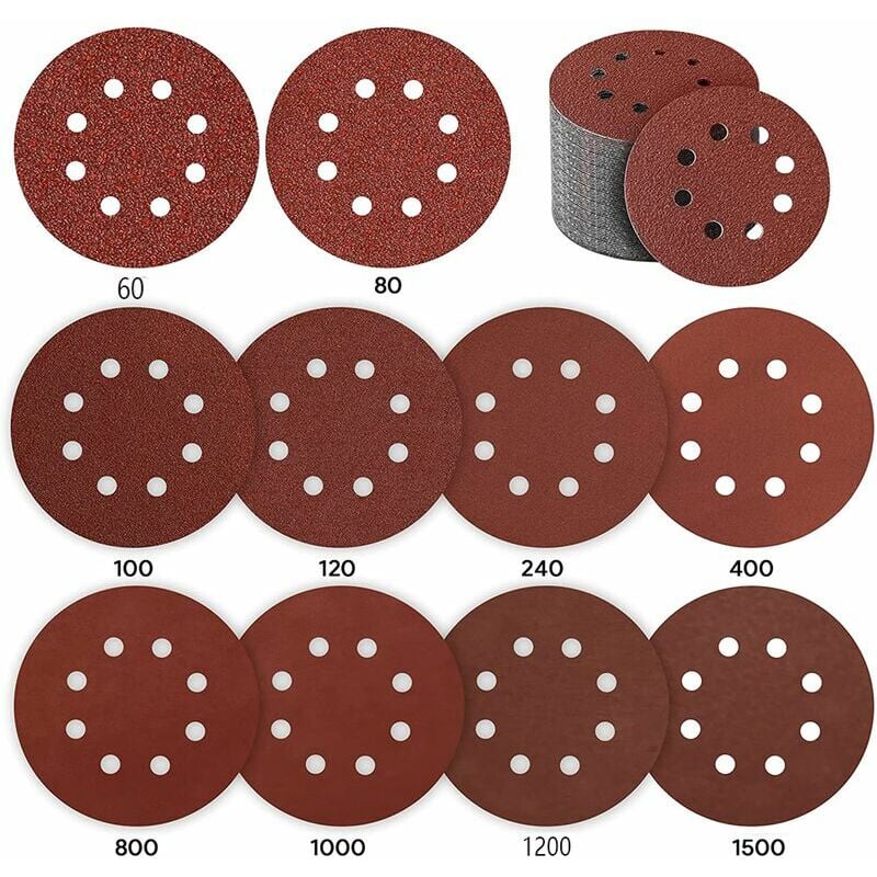 Disque de Ponçage, 80 Pièces Disque a Poncer 125mm Papier Ponceuse Disque Abrasif pour Ponceuse Excentrique 10 P60 / P80 / P100 / P120 / P240 / P400,