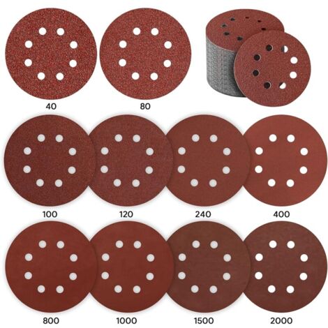 Disque de Ponçage, 80 Pièces Disque a Poncer 125mm Papier Ponceuse Disque Abrasif pour Ponceuse Excentrique 10 x P40 / P80 / P100 / P120 / P240 / P400, 5 x P800 / P1000 / P1500 / P2000 8 Trous