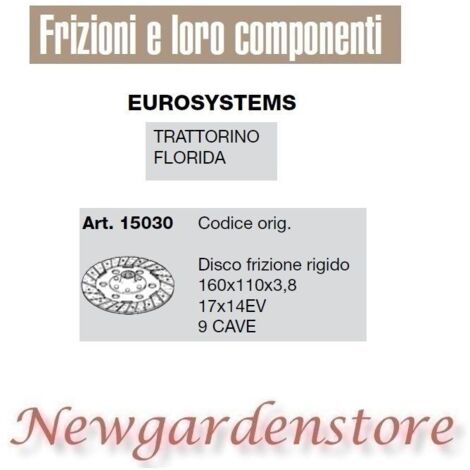 Disque d'embrayage compatible tracteur de pelouse floride EUROSYSTEMS 15030 9 creux 17x14EV