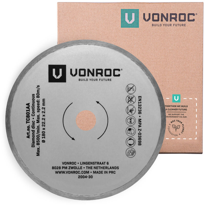 Vonroc - Disque diamant 180mm de découpe - Continu - Universel - Pour coupe-carreaux